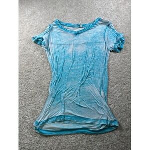 BKEcore Women's Top Small Blue Cotton Polyester Ruffle Sleeve Burnout Sheer